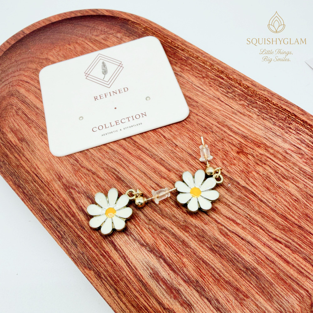 Daisy Drop Stud Earrings – White Enamel Flower & Gold Accent